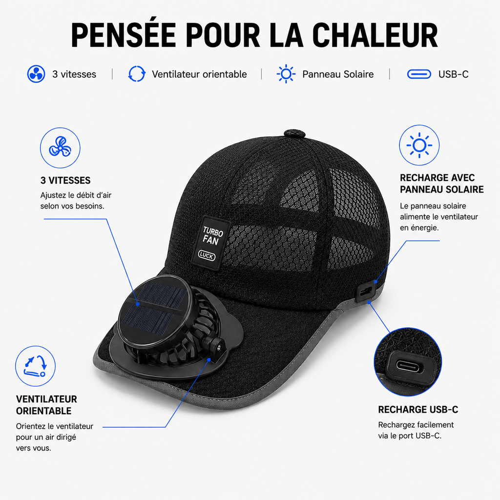 Casquette Anti-Chaleur – avec Ventilateur Solaire Rechargeable™