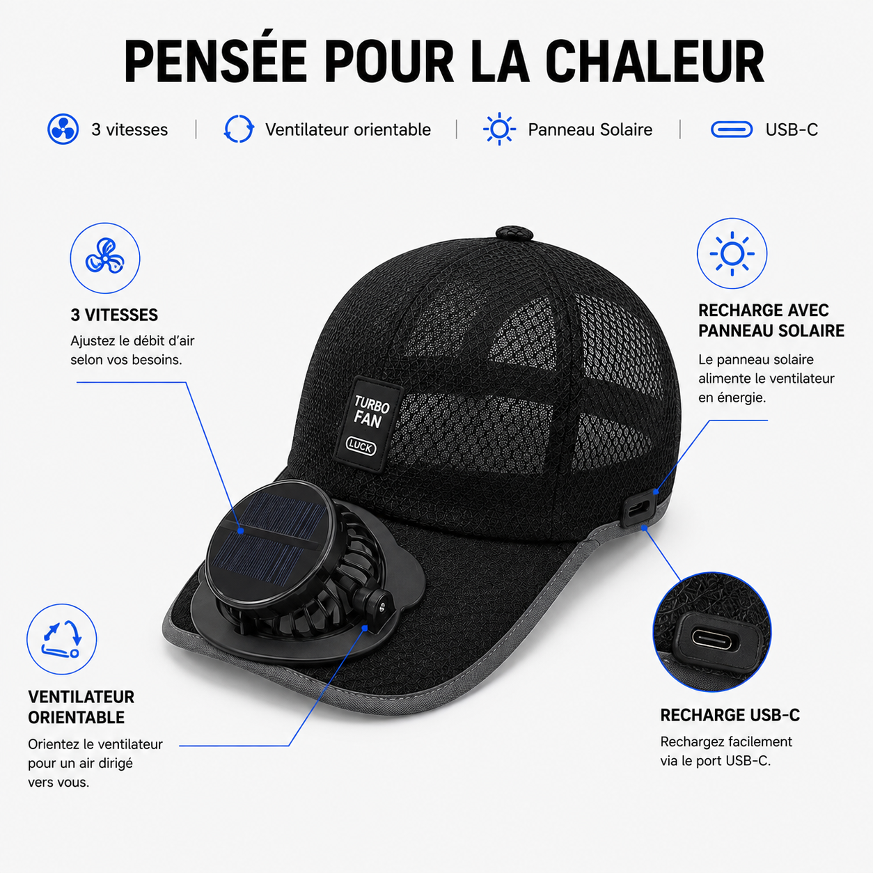 Casquette Anti-Chaleur – avec Ventilateur Solaire Rechargeable™