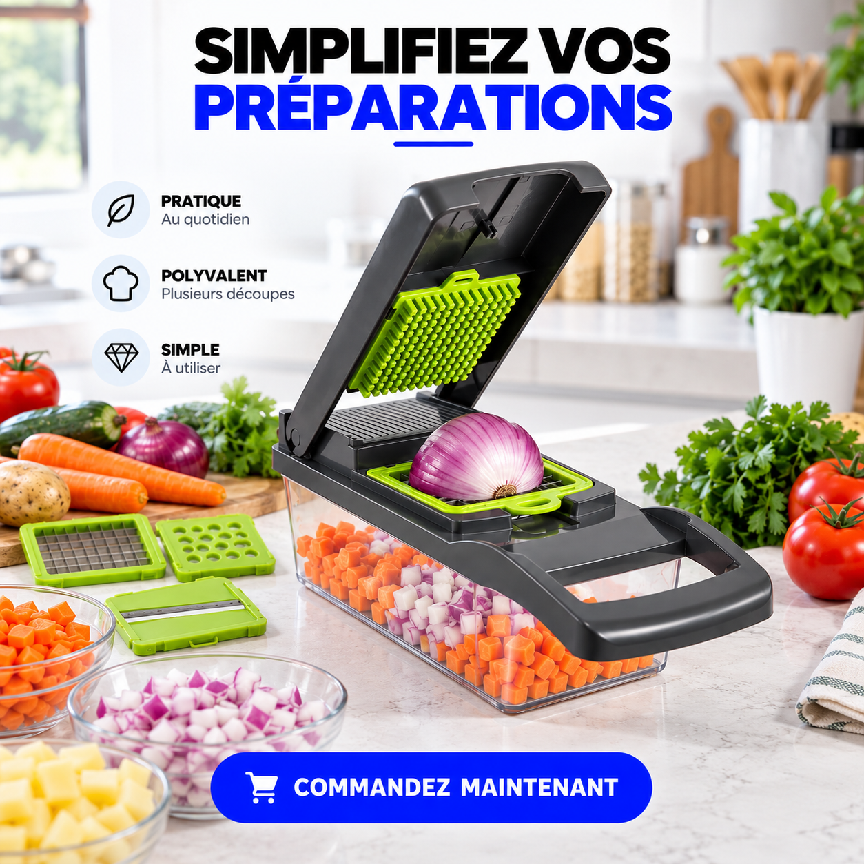 Coupe-Légumes Multifonction™ – Tranche, Râpe & Découpe en Quelques Gestes