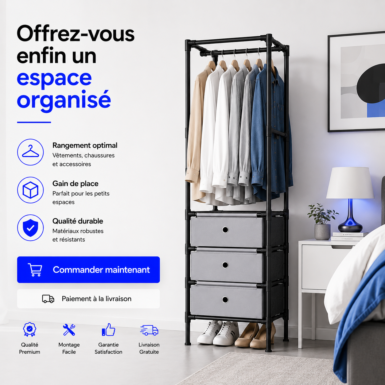 Dressing compact multifonction — Rangez vos vêtements, chaussures, sans encombrer