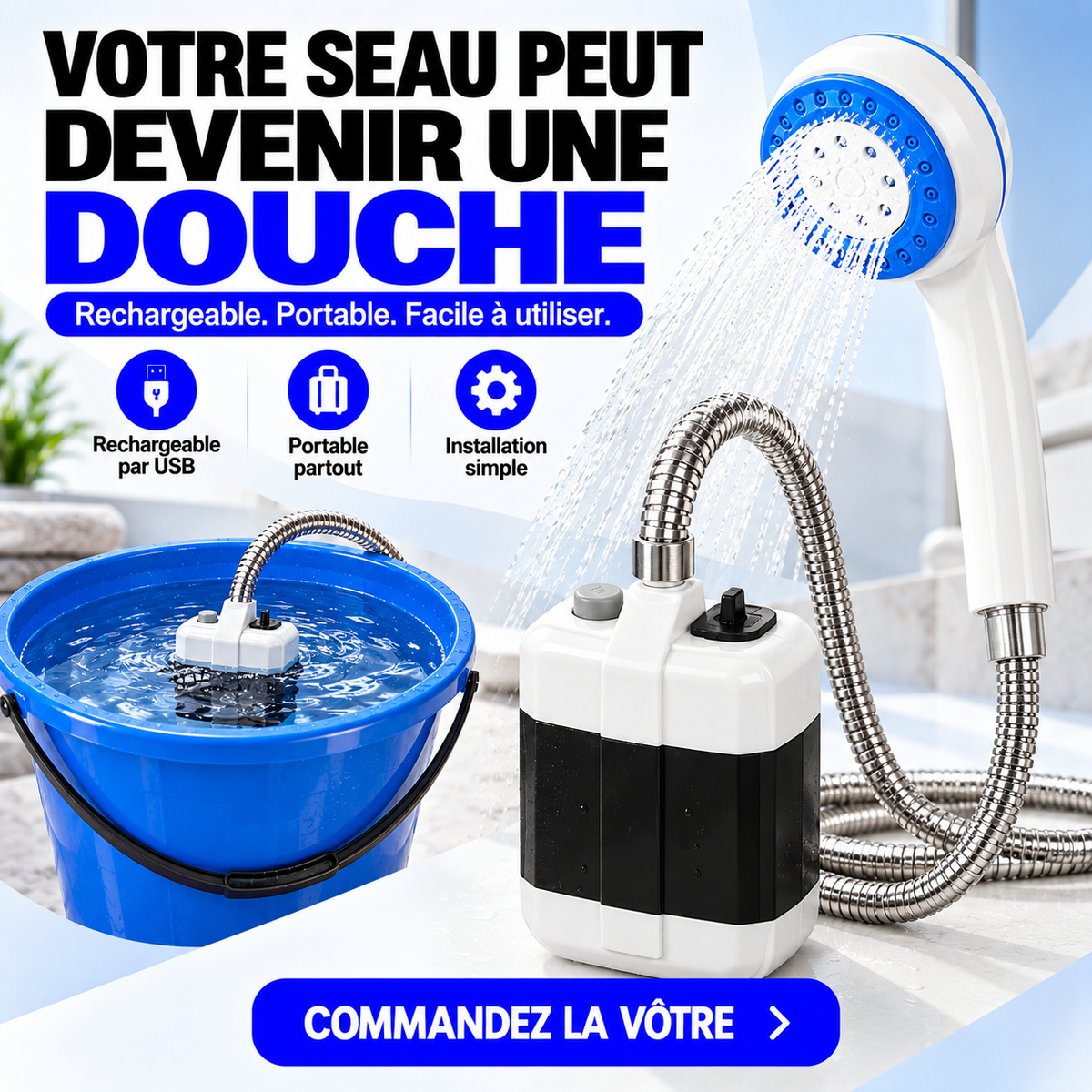 Douche Portable Rechargeable™ – Transformez votre seau en douche !