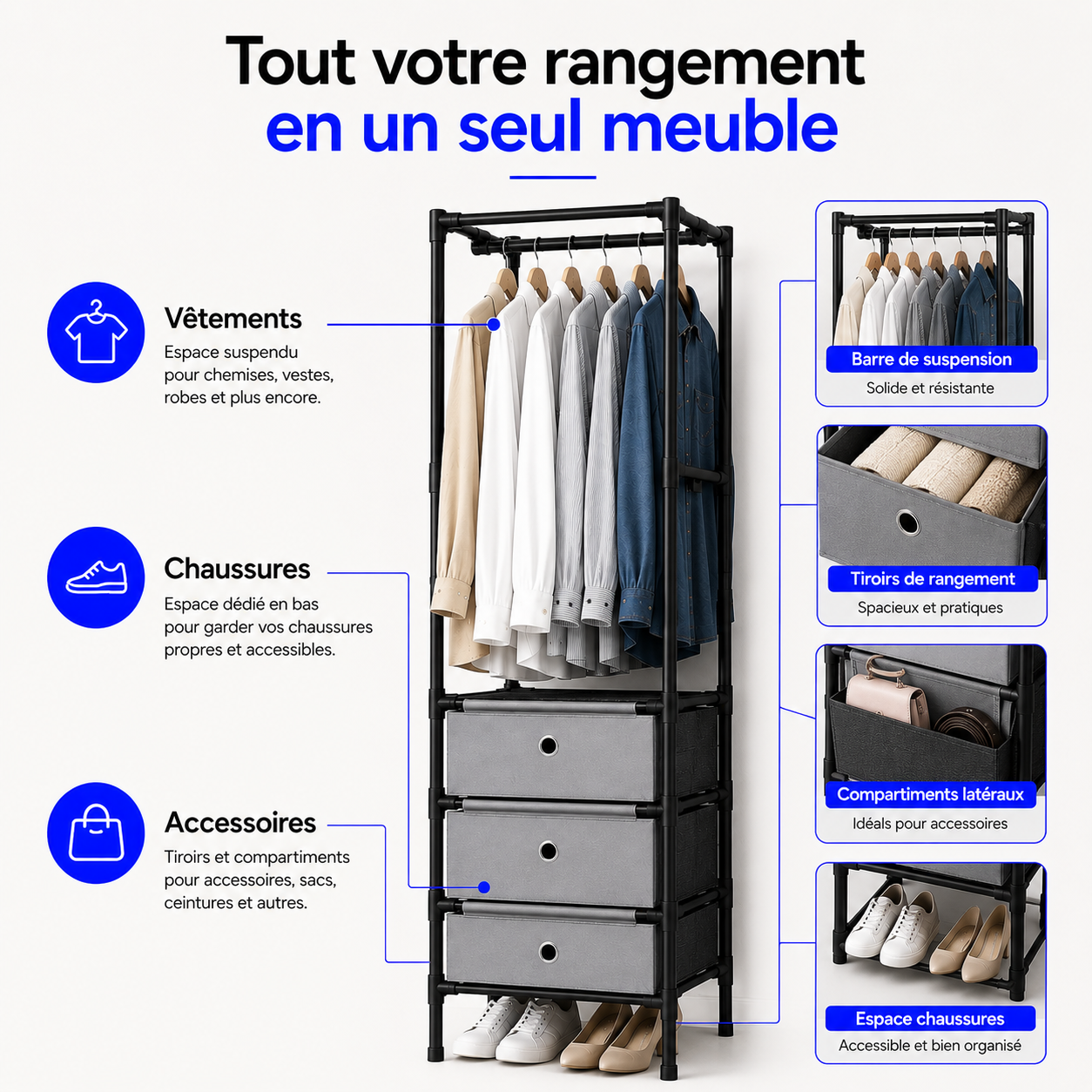 Dressing compact multifonction — Rangez vos vêtements, chaussures, sans encombrer