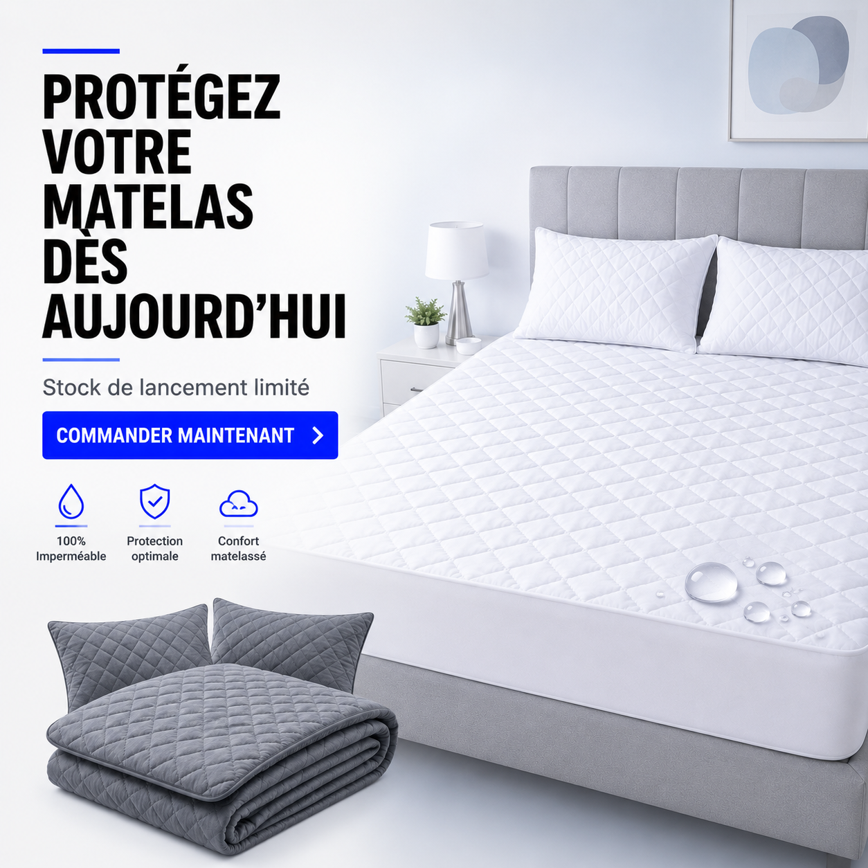 Protège-Matelas Imperméable + 2 Couvre-Oreillers Offerts – Pour lit de 2 Places
