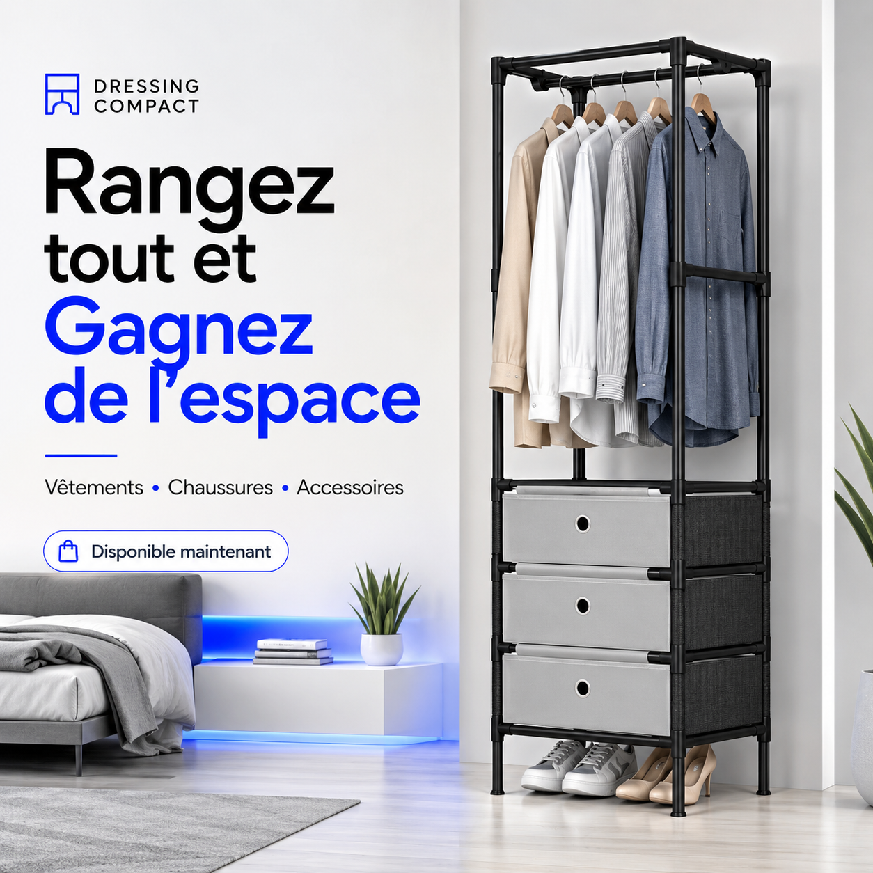 Dressing compact multifonction — Rangez vos vêtements, chaussures, sans encombrer