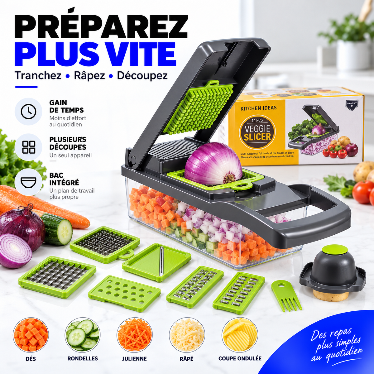 Coupe-Légumes Multifonction™ – Tranche, Râpe & Découpe en Quelques Gestes