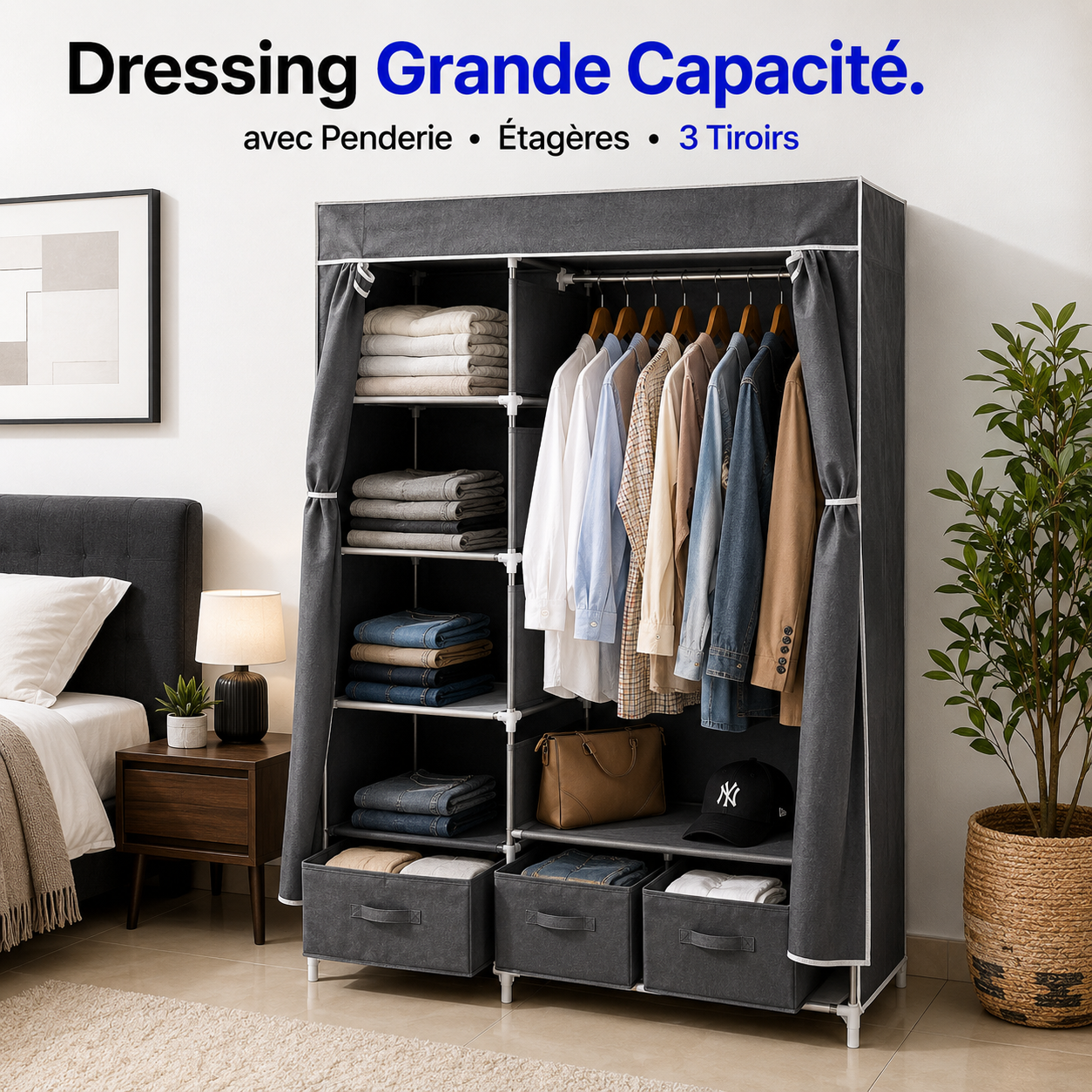 Dressing Grande Capacité™ avec Penderie, Étagères & 3 Tiroirs
