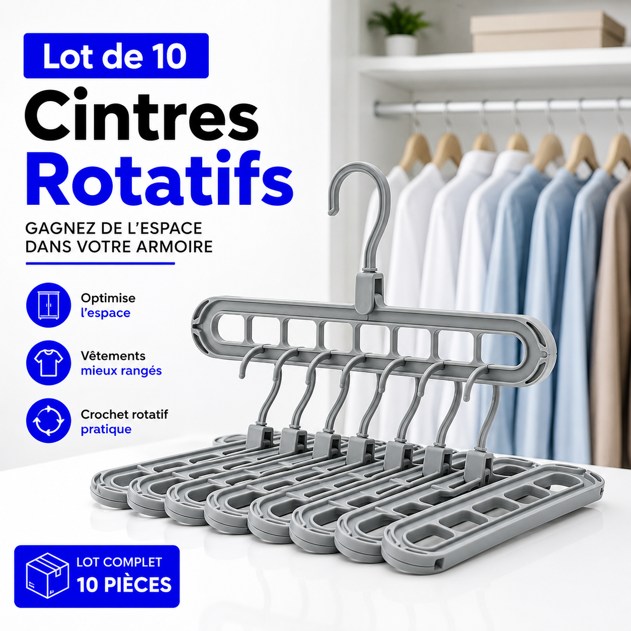 Lot de 10 Cintres Rotatif – Gagnez de l'espace !