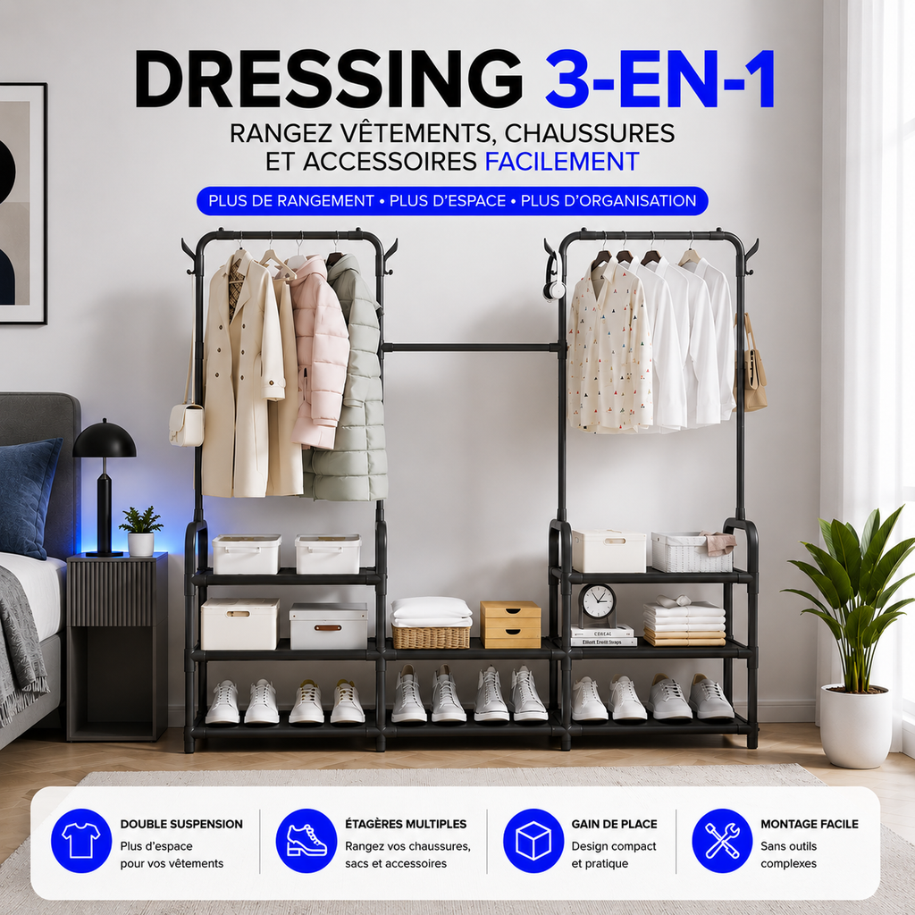 Dressing 3-en-1 | Rangez vêtements, chaussures et accessoires facilement