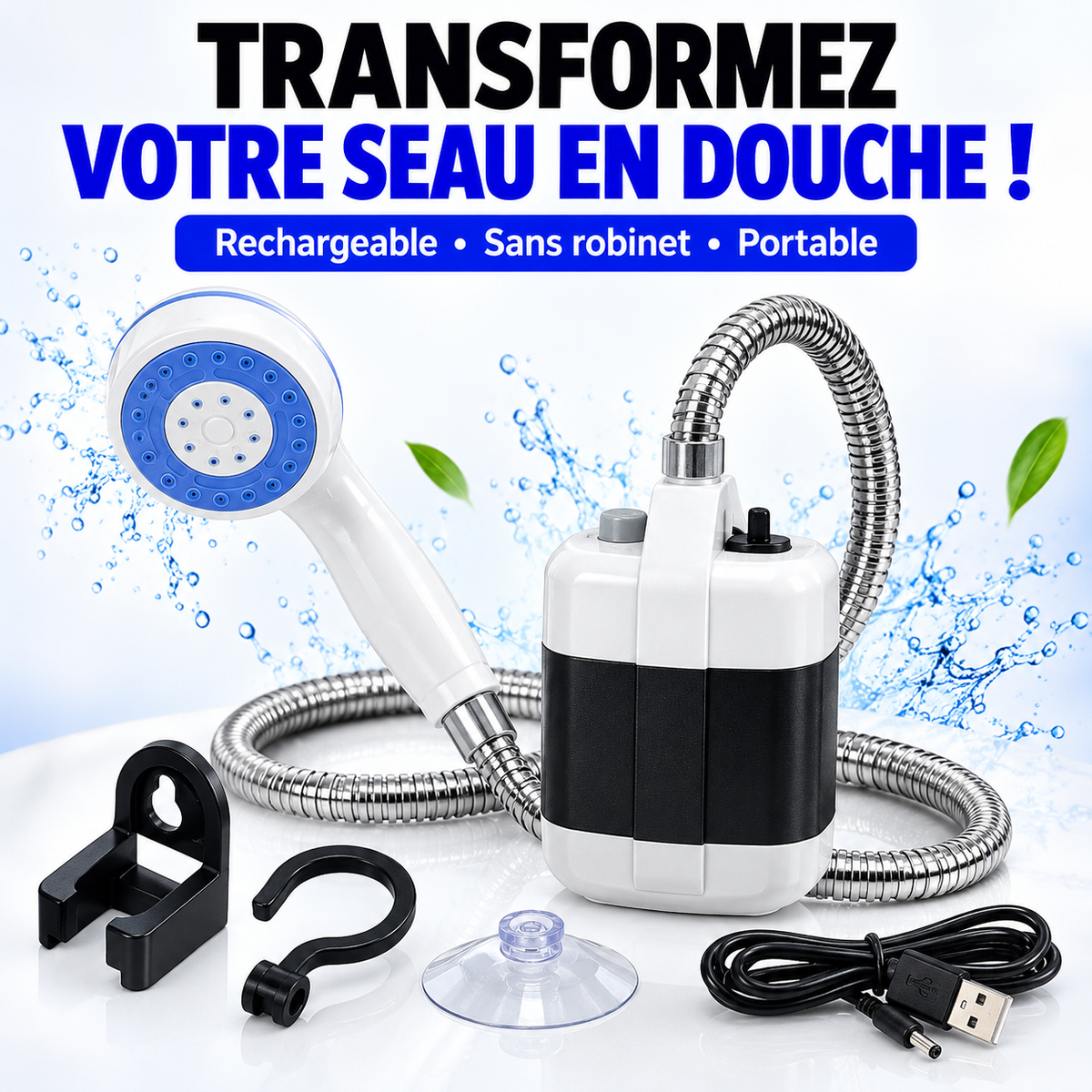 Douche Portable Rechargeable™ – Transformez votre seau en douche !