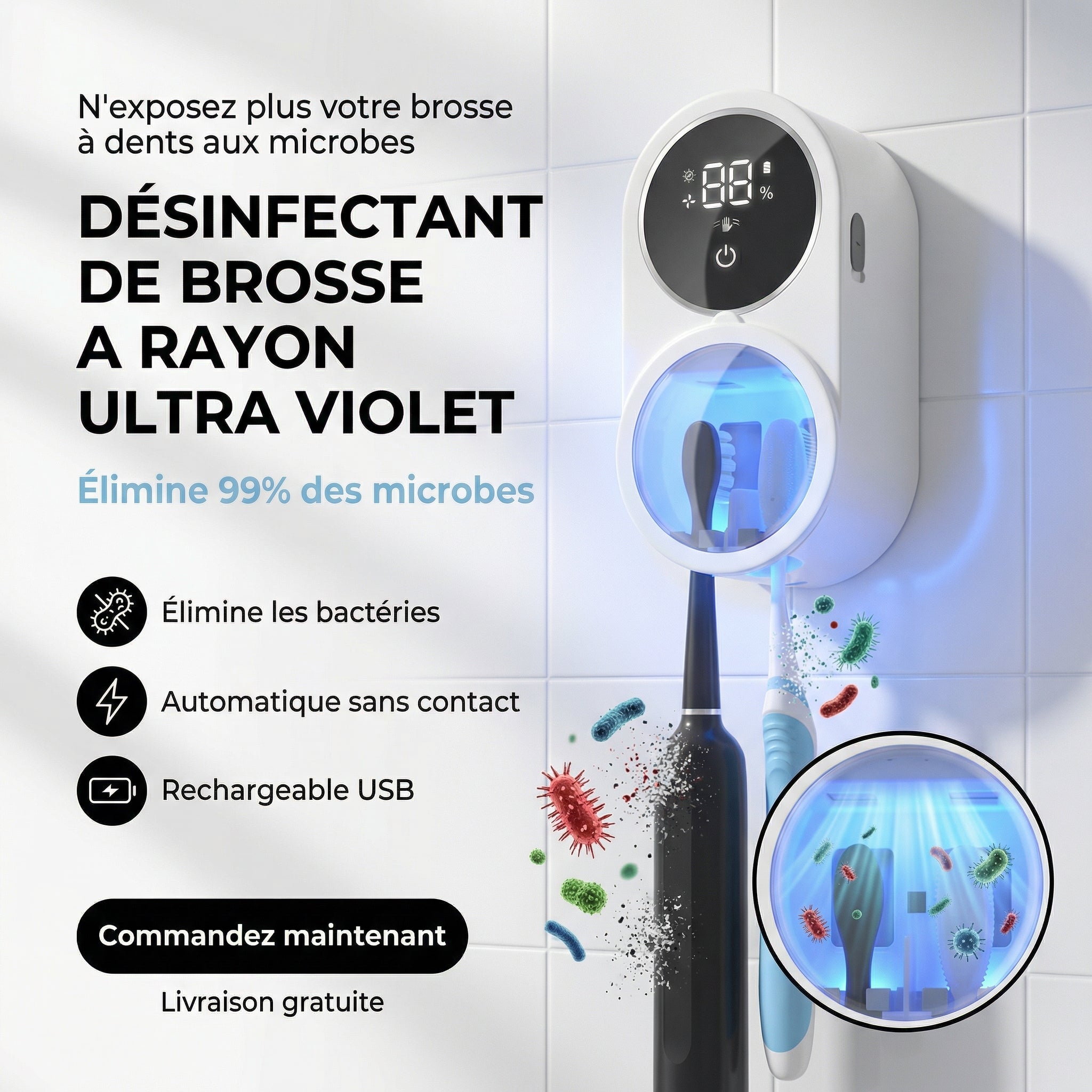 Désinfectant UV Intelligent pour Brosse à Dents – Éliminez jusqu’à 99% des bactéries invisibles