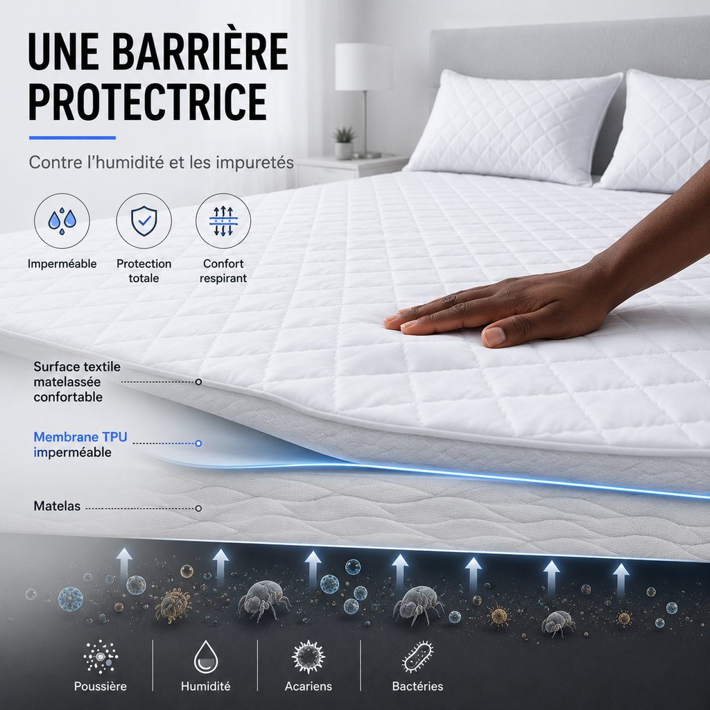 Protège-Matelas Imperméable + 2 Couvre-Oreillers Offerts – Pour lit de 2 Places