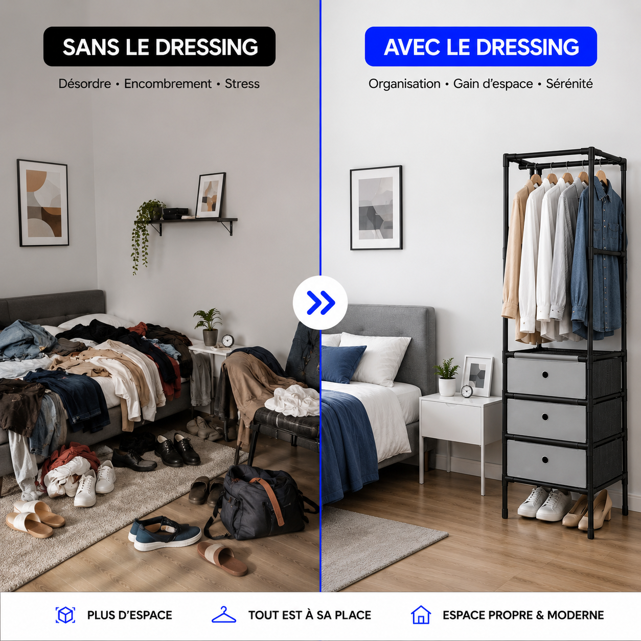 Dressing compact multifonction — Rangez vos vêtements, chaussures, sans encombrer