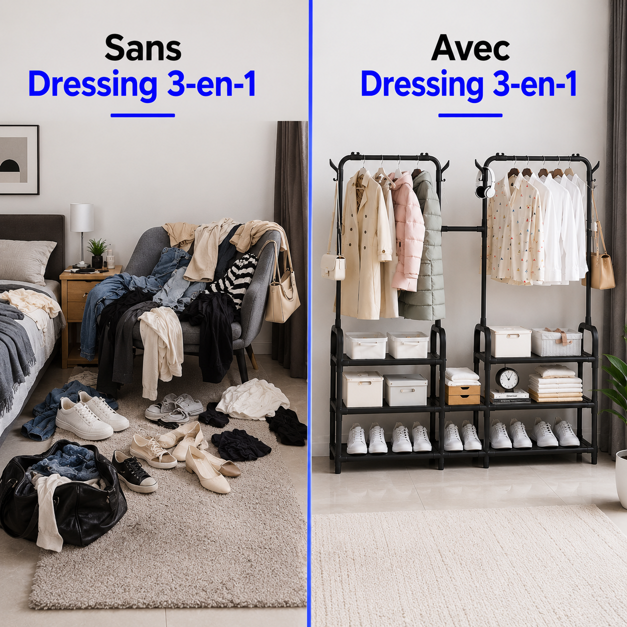 Dressing 3-en-1 | Rangez vêtements, chaussures et accessoires facilement