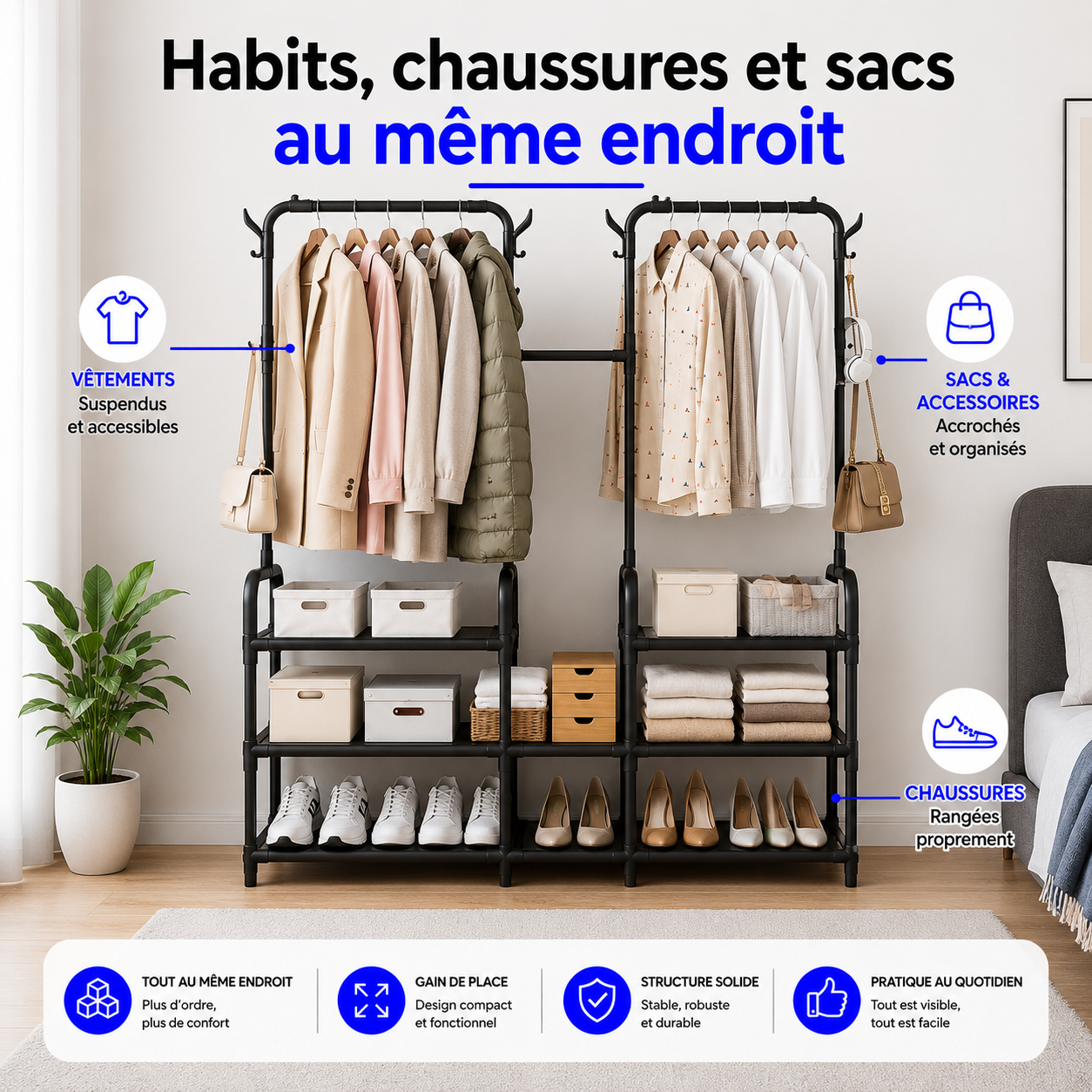 Dressing 3-en-1 | Rangez vêtements, chaussures et accessoires facilement