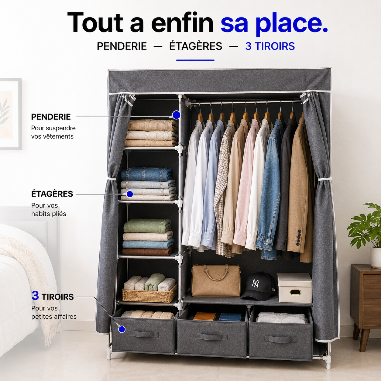 Dressing Grande Capacité™ avec Penderie, Étagères & 3 Tiroirs