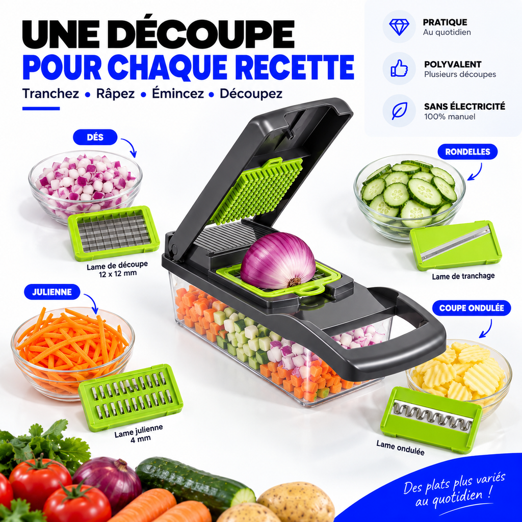 Coupe-Légumes Multifonction™ – Tranche, Râpe & Découpe en Quelques Gestes
