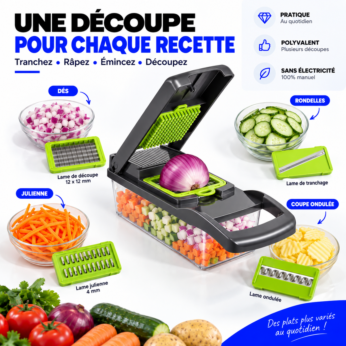 Coupe-Légumes Multifonction™ – Tranche, Râpe & Découpe en Quelques Gestes