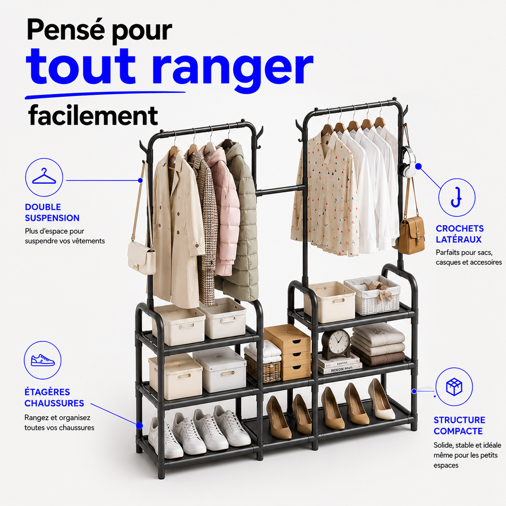 Dressing 3-en-1 | Rangez vêtements, chaussures et accessoires facilement