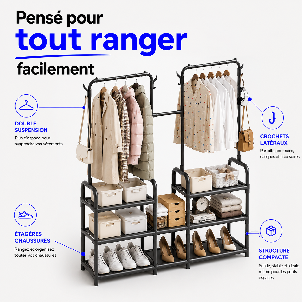 Dressing 3-en-1 | Rangez vêtements, chaussures et accessoires facilement