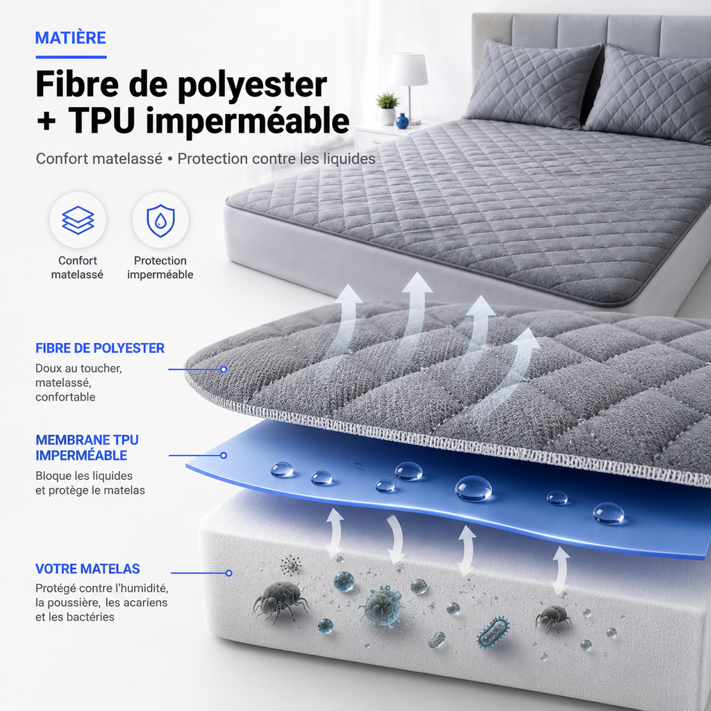 Protège-Matelas Imperméable + 2 Couvre-Oreillers Offerts – Pour lit de 2 Places