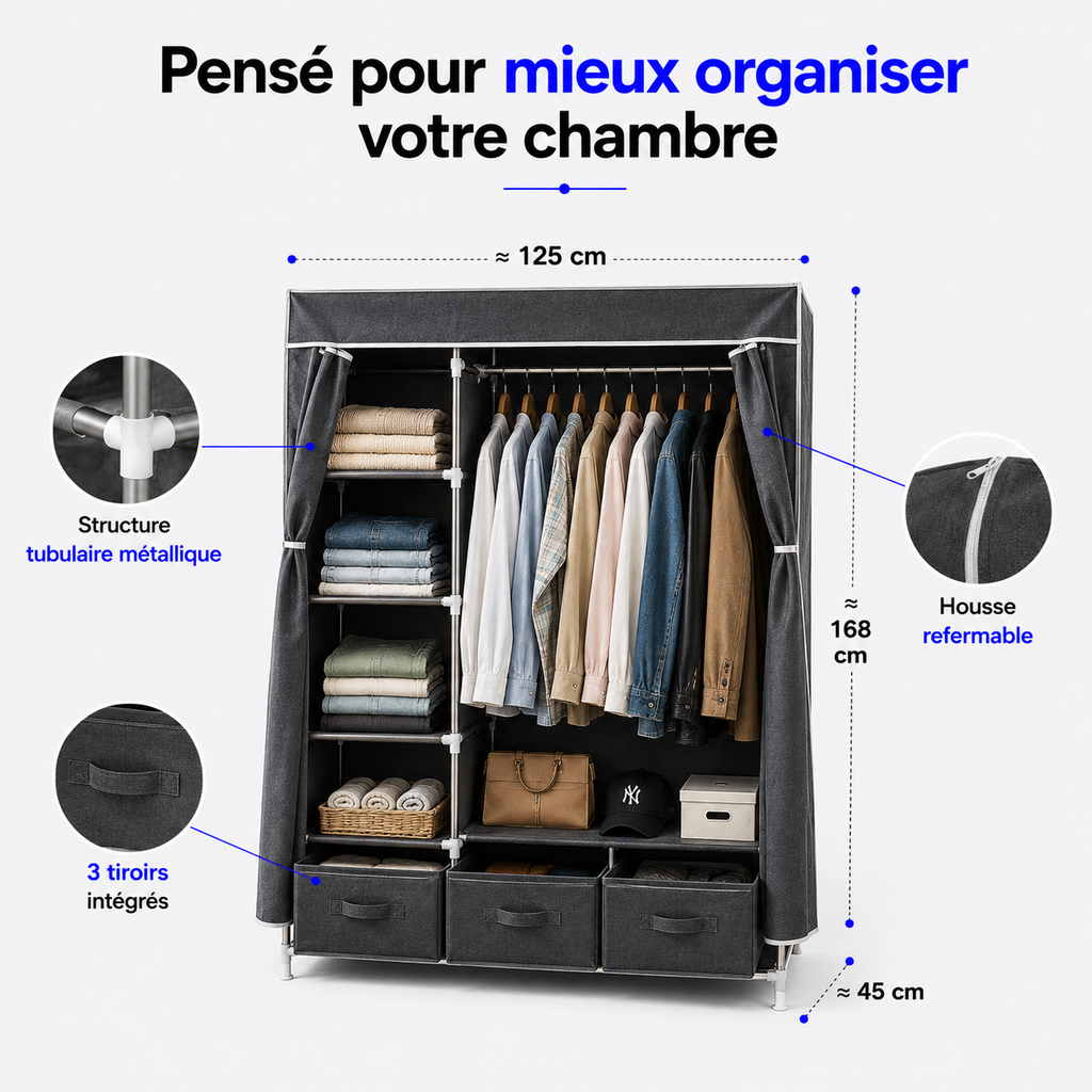 Dressing Grande Capacité™ avec Penderie, Étagères & 3 Tiroirs