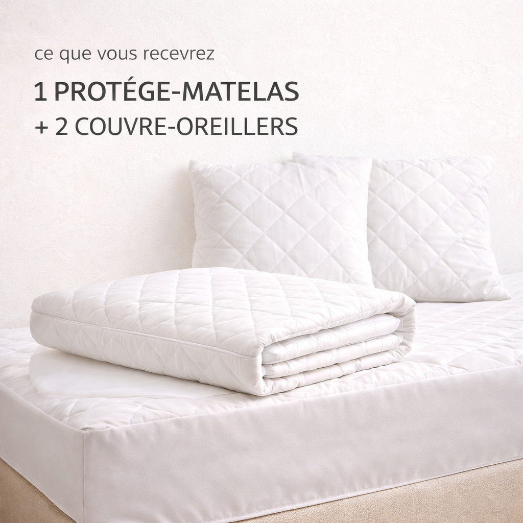 Protège-Matelas Imperméable 2 Places + 2 Couvre-Oreillers Offerts